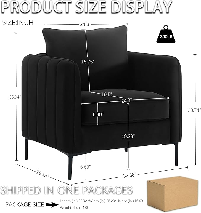 Velvet Accent Chair Set of 2, Comfy Upholstered Single Sofa Chair Mid-Century Modern Armchair with Thick Cushion and Wood Frame Side Chair for Living Room Bedroom Apartment (Black)
