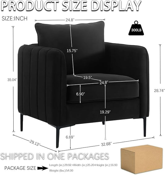 Velvet Accent Chair, Comfy Upholstered Single Sofa Chair Mid-Century Modern Armchair with Thick Cushion and Wood Frame Side Chair for Living Room Bedroom Apartment (Black)