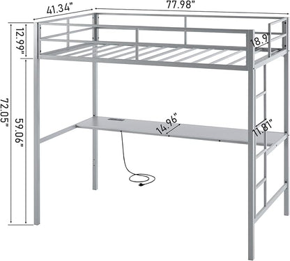 Karl home Twin Metal Loft Bed with Desk, with Power Outlet and LED Lighted, Safety Guardrail & Ladder, Space Saving, No Noise, No Box Spring Needed, Grey