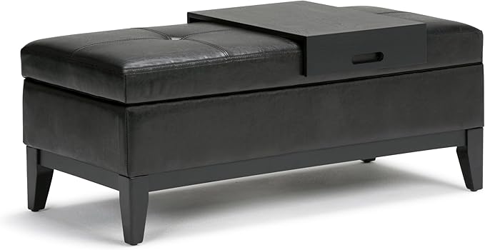 SIMPLIHOME Oregon 42 inch Wide Contemporary Rectangle Storage Ottoman Bench with Tray in Midnight Black Vegan Faux Leather, Assembled, For the Living Room, Entryway and Family Room