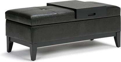 SIMPLIHOME Oregon 42 inch Wide Contemporary Rectangle Storage Ottoman Bench with Tray in Midnight Black Vegan Faux Leather, Assembled, For the Living Room, Entryway and Family Room