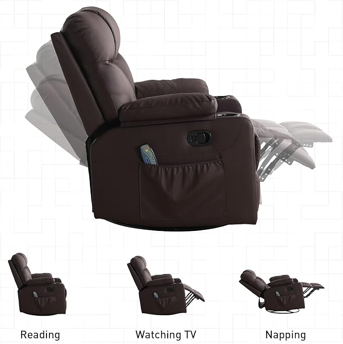 Bonzy Home Swivel Rocker Recliner with Heating and Massage, 40" Manual Rocker Recliner Chair, PU Leather Single Sofa with 2 Cup Holders for Living Room Bedroom, Brown