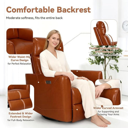 Himimi Power Recliner Chair, Swivel Recliner Chair for Adults, Glider Recliner Nursery Chair with Massage and Heat, Faux Leather, Side Pocket, USB Charging, Living Room, Bedroom, Orange-Brown