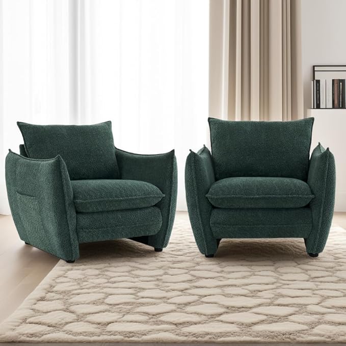Oversized Armchair, Modern Accent Chair Upholstered in Soft Cloud Fabric with Plush Cushions – Comfy Lounge Chair for Reading Nook, Living Room, and Bedroom (Green, Set of 2)