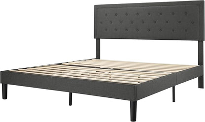 Allewie King Size Fabric Upholstered Bed Frame with Diamond Button Tufted/Adjustable Headboard/Wood Slat Support/Mattress Foundation/Dark Grey