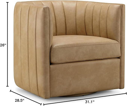CHERS Rivet Mid-Century Modern Swivel Armchair, Channel-Tufted Faux Leather Accent Chair, 360-Degree Rotating Lounge Chair with Ergonomic Design for Living Room, Bedroom, Home Theater, Nude