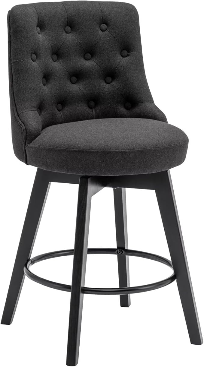 MINCETA Set of 2 Upholstered Bar Stools - 26 Inch Swivel Counter Height Stools with Low Tufted Back, Footrest & Performance Fabric - Round Seat for Kitchen Island & Home Bar Black