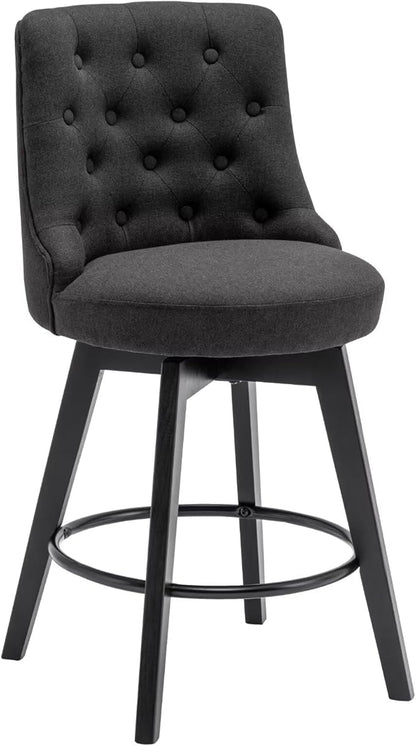MINCETA Set of 4 Upholstered Bar Stools - 26 Inch Swivel Counter Height Stools with Low Tufted Back, Footrest & Performance Fabric - Round Seat for Kitchen Island & Home Bar Black