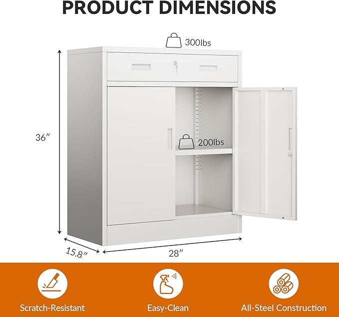 BESFUR 36" H Metal Cabinet with Lockable Drawer and 2 Lockable Doors, White Locking Cabinet with Adjustable Shelf, Lockable Storage Cabinet for Home Office, Garage,School, Warehouse, Utility Room