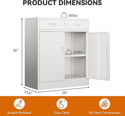 BESFUR 36" H Metal Cabinet with Lockable Drawer and 2 Lockable Doors, White Locking Cabinet with Adjustable Shelf, Lockable Storage Cabinet for Home Office, Garage,School, Warehouse, Utility Room