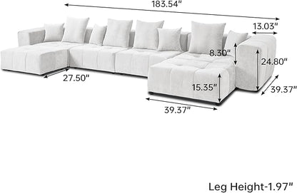 JACH 183.5 Inch U-Shaped Modular Sectional Sofas, Modern 4-Seater Couch with Chaise Ottomans, Mid Century Modern Sectional Couches, Cozy Sleeper Sofa for Living Room (Linen Fabric, White)