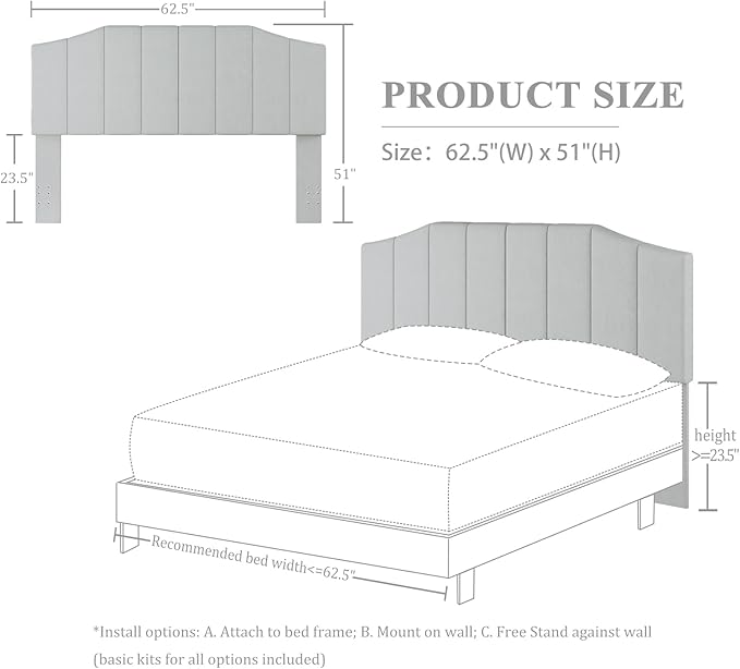 Frosted Velvet Queen Size Headboard, Upholstered Headboard Queen/Full Size Wall Mount and Bed Frame Mount, Featuring High-Density Sponge Padding Easy Assembly Comfort Style-Light Gray