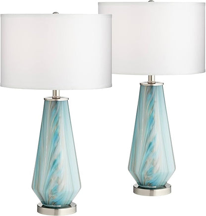 Possini Euro Design Jaime Modern Table Lamps 26" Tall Set of 2 Blue Smoky Gray Swirls Art Glass White Fabric Drum Shade Decor for Bedroom Living Family Room Bedside Nightstand House Home Office