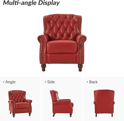 HULALA HOME Genuine Leather Recliner Chair with Solid Wood Legs, Modern Adjustable Tufted Push Back Arm Chair w/Rivet Decoration, Home Theater Seating Single Reclining Sofa for Living Room, Red