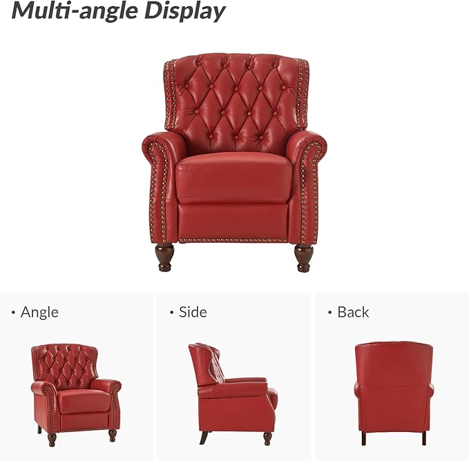 HULALA HOME Genuine Leather Recliner Chair Set of 2 w/Solid Wood Feet, Modern Adjustable Tufted Push Back Arm Chair w/Rivet Decoration, Home Theater Seating Reclining Sofa for Living Room, RED