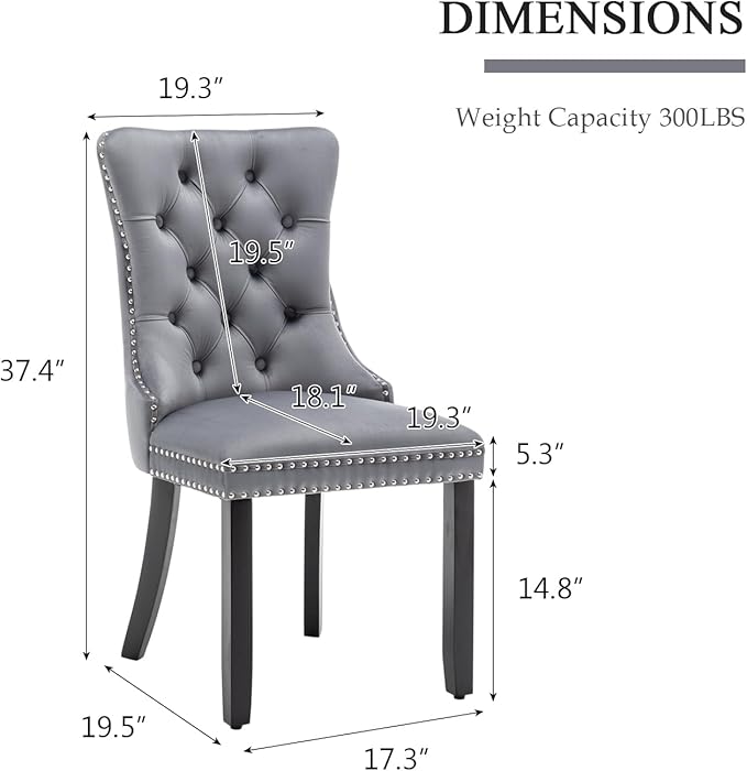 Velvet Dining Chairs Set of 2, Tufted Dining Room Chairs with Nailhead Ring Pull Trim, Upholstered Dining Chairs with Solid Wood Legs for Kitchen Dining Room, Sillas De Comedor (Grey)