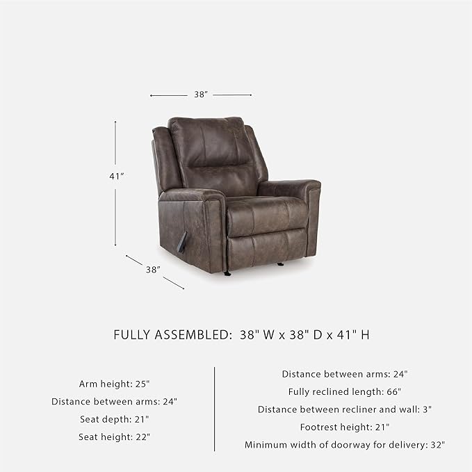Signature Design by Ashley Skymaker Modern Faux Leather Manual Rocker Recliner with Track Arms, Dark Brown