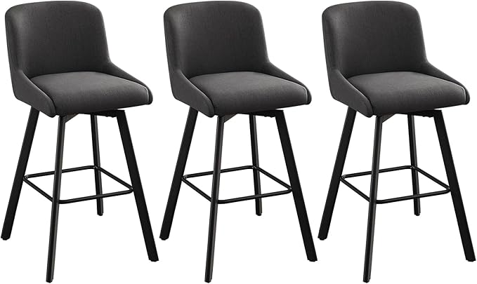 Swivel Counter Height Bar Stools Set of 3, 30''H Upholstered Barstools with Backs, Modern Bar Stool Chairs for Kitchen Island, Metal Legs, Fabric, Black Grey Stools Counter Chair