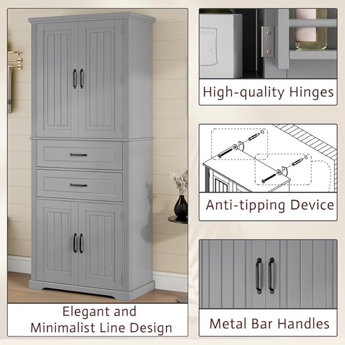 Polibi Elegant Storage Cabinet with Adjustable Shelves - 2 Drawers, 5 Interior Shelves & 6 Small Shelves, for Living Room/Bathroom, Gray