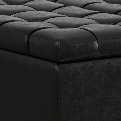 SIMPLIHOME Harrison 30 inch Wide Transitional Square Small Coffee Table Storage Ottoman in Midnight Black Vegan Faux Leather, Assembled, for The Living Room and Bedroom