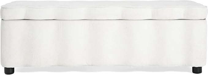 Christopher Knight Home Pean Living Room Ottoman with Storage, Fabric Upholstered Storage Ottoman Bench, Sofa Foot Stool with Wood Frame, Bedroom End of Bed Bench, Chic Scalloped Design, White