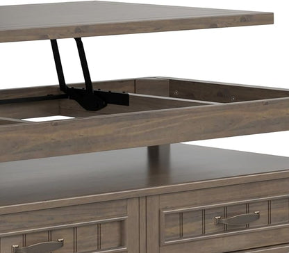 SIMPLIHOME Lev Lift Top Coffee Table - 48 inch Wide Solid Wood Rectangle Living Room Table in Smoky Brown, Transitional Cocktail Table for Family Room with Hidden Storage and Open Shelf