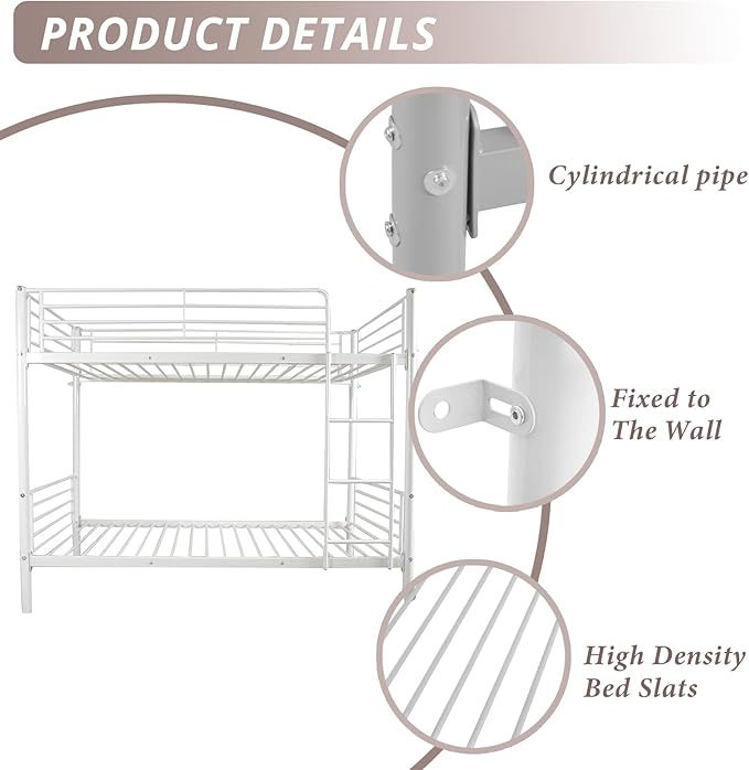 Karl Home White Bunk Bed Twin Over Twin, Metal Bunk Bed with Built-in Ladder and Safety Guardrail, Space-Saving Bunk Beds for Kids, Teens & Adults, No Box Spring