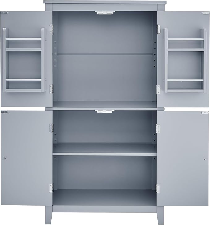 Tall Storage Cabinet, Bathroom Floor Freestanding Storage Cabinet with 2 Double-Door and Adjustable Shelves for Bathroom, Office, Living Room, Grey