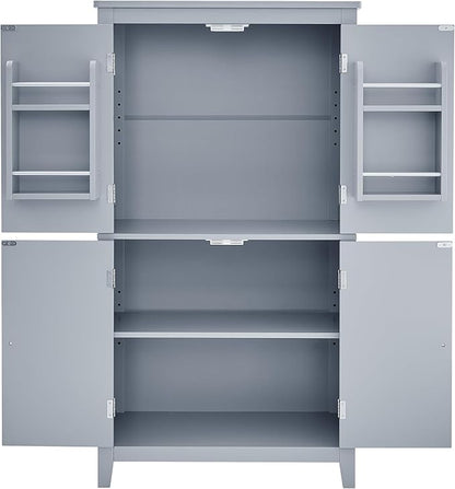 Tall Storage Cabinet, Bathroom Floor Freestanding Storage Cabinet with 2 Double-Door and Adjustable Shelves for Bathroom, Office, Living Room, Grey