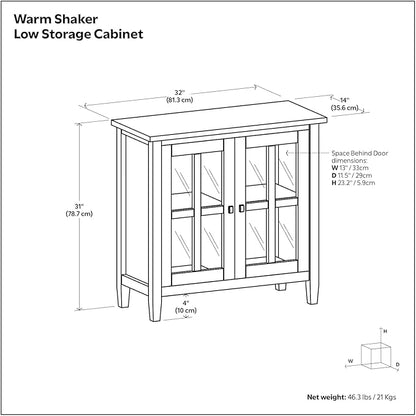 SIMPLIHOME Warm Shaker SOLID WOOD 32 inch Wide Transitional Low Storage Cabinet in Light Golden Brown for the Living Room, Entryway and Family Room