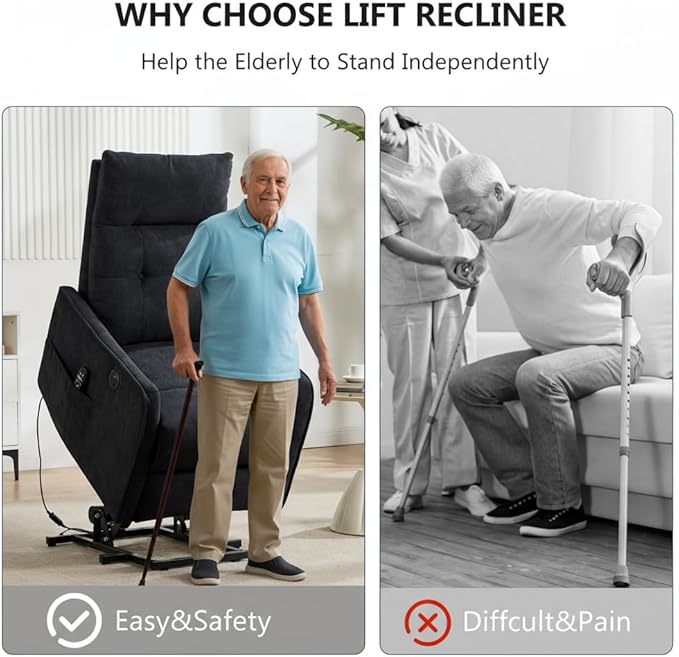 PELUMY Manual Lift Recliner Chair with Massage and Heat for Elderly, Single Motor Electric Lift Chair, Heavy Duty Recliner with USB Charging & Side Pockets (Chenille, Black)