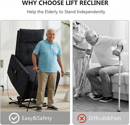 PELUMY Manual Lift Recliner Chair with Massage and Heat for Elderly, Single Motor Electric Lift Chair, Heavy Duty Recliner with USB Charging & Side Pockets (Chenille, Black)