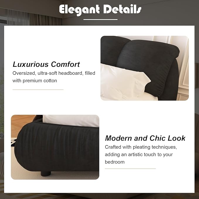 King Size Upholstered Platform Bed with Oversized Padded Backrest and Solid Wood Frame for Bedroom, Apartment Room, Black