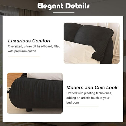 King Size Upholstered Platform Bed with Oversized Padded Backrest and Solid Wood Frame for Bedroom, Apartment Room, Black