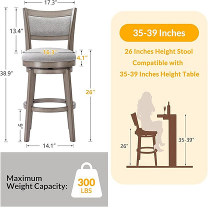 PrimeZone Swivel Bar Stools Set of 4, 26 Inch Counter Height Barstools, High Back Bar Stool with Solid Wood Legs & Wrap-Around Footrest, Counter Stools for Kitchen Island, Pub, Grey