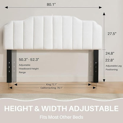 King Size Headboard, White Upholstered Headboard Adjustable Height&Width Velvet Headboards Modern Vertical Channel Design Bed Head Board, White