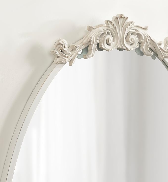 Kate and Laurel Arendahl Traditional Vertical Oval Wall Mirror, 24 x 36, Antique White, Vintage Glam Baroque-Inspired Round Bathroom Vanity Mirror with Ornate Crown