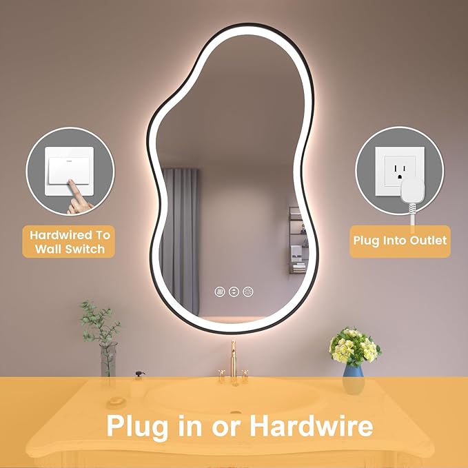 WTTY LED Irregular Bathroom Mirror 26x46 Inch with Front & Back Lights - Asymmetrical Design, Anti-Fog, Dimmable 3 Color Temperatures, Shatterproof Glass, Horizontal or Vertical Mount (Black Frame)