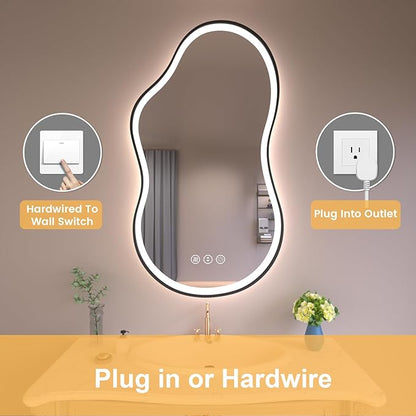 WTTY LED Irregular Bathroom Mirror 26x46 Inch with Front & Back Lights - Asymmetrical Design, Anti-Fog, Dimmable 3 Color Temperatures, Shatterproof Glass, Horizontal or Vertical Mount (Black Frame)