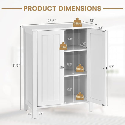 COSTWAY Bathroom Floor Cabinet - Freestanding Side Storage Organizer with Double Doors & Adjustable Shelf, Wooden Storage Cabinet for Living Room, Bedroom, Kitchen, Entryway (White)