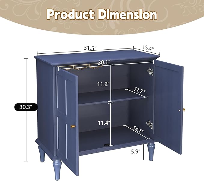 ARTPOWER Blue Sideboard Buffet Cabinet with Storage, Mid-Century Modern Storage Cabinet with 2 Doors and Adjustable Shelves, Accent Style Sideboard for Entryway, Dining Room, Living Room
