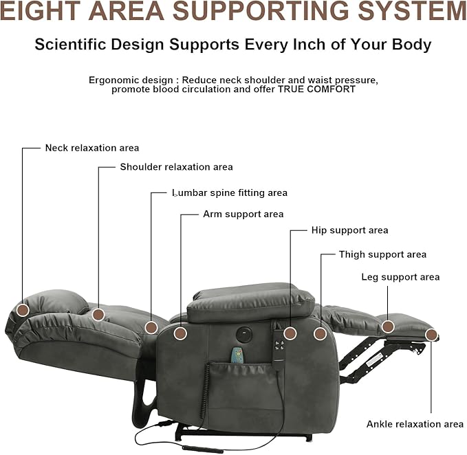 Dual Motor Large Power Lift Recliner Chair for Elderly with Heat and Massage,Lay Flat Lift Chairs Recliners for Seniors Infinite Position,USB Ports&Remote, Leather (Silver Grey, Medium)