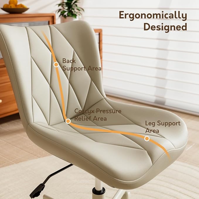 Armless Desk Chair, Morden Home Office Chair no Arms, Adjustable Height & Rocking Computer Chair, PU Leather Vanity Chair, Ergonomic Seat Soft Padded Desk Chairs for Home Small Space, Beige