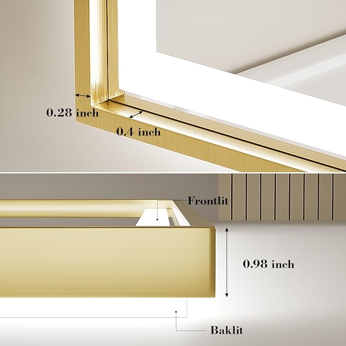 LED Bathroom Mirror, 28x36 Inch Frontlit & Backlit Gold Framed Lighted Mirror,Wall Mouted Vanity with Lights,Double Lights Strips,Anti Fog Stepless 3 Colors Temperature & Dimmable