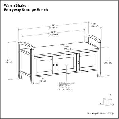 SIMPLIHOME Warm Shaker Entryway Storage Bench - 44 inch Wide Solid Wood Storage Seat in Black, Transitional Bench Seat for Mudroon or Living Room with Lift-Up Lid and Shaker-Style Panels