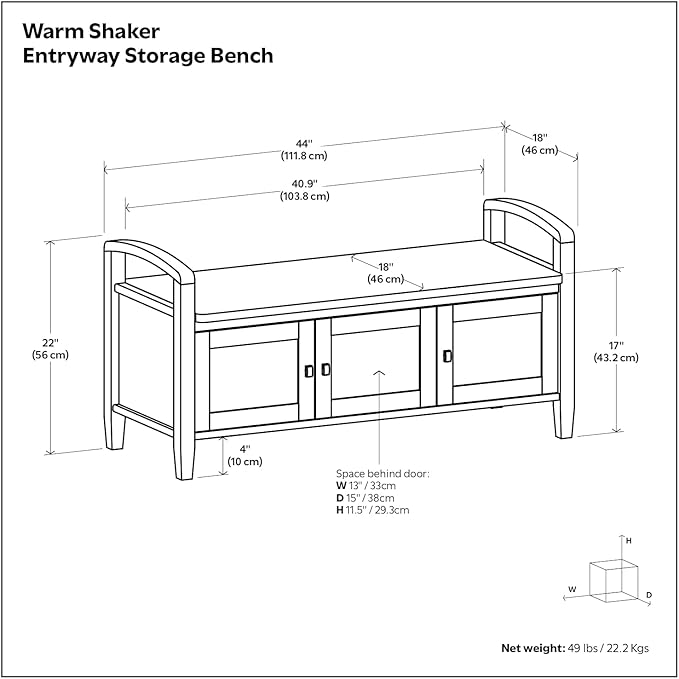 SIMPLIHOME Warm Shaker Entryway Storage Bench - 44 inch Wide Solid Wood Storage Seat in White, Transitional Bench Seat for Mudroom or Living Room with Lift-Up Lid and Shaker-Style Panels