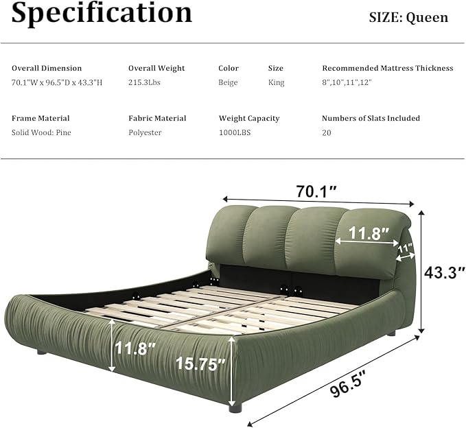 Queen Size Upholstered Platform Bed with Oversized Padded Backrest and Solid Wood Frame for Bedroom, Apartment Room, Green