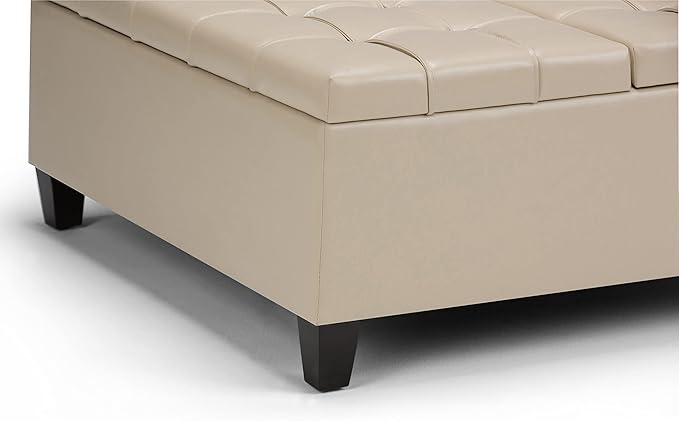 SIMPLIHOME Harrison Coffee Table Storage Ottoman - 36 inch Wide Upholstered Vegan Leather Square Lift-Top Ottoman in Satin Cream, Transitional Ottoman for Living Room with Hidden Storage