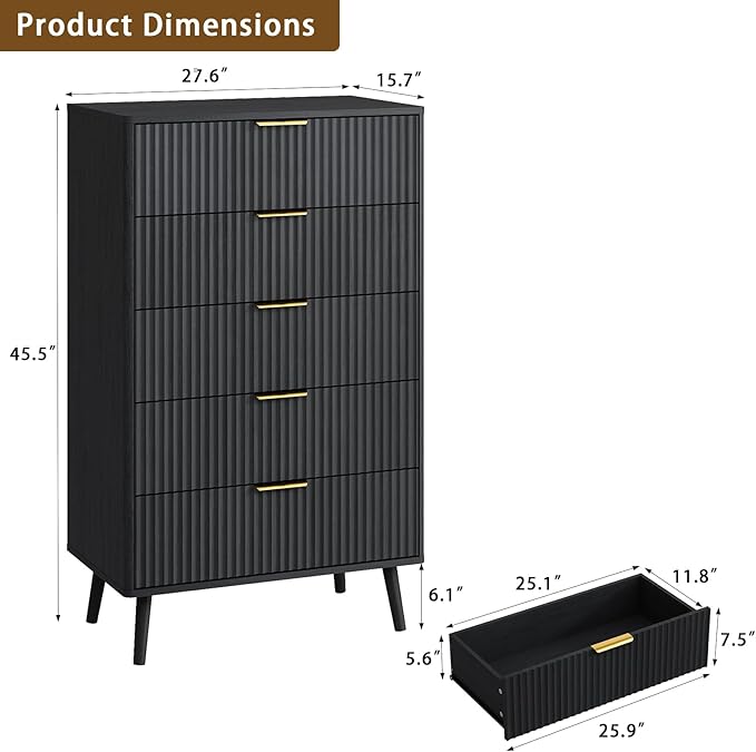 CARPETNAL Fluted 5 Drawers Dresser for Bedroom, 45" Tall Wooden Chest of Drawers with Rounded Corners, Gold Handles, Modern Storage Organizer for Bedroom, Hallway (Black)