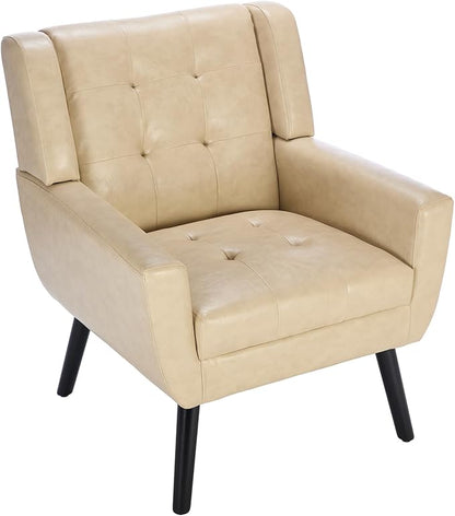 Dolonm Midcentury Modern Leather Accent Chair with Arms, Upholstered Reading Side Chair Tufted Back Decorative Wingback Chair for Living Room Bedroom (Khaki-PU)
